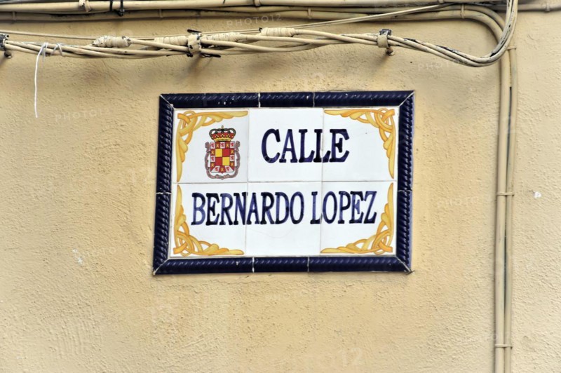 Jaen, ceramic street sign 'Calle Bernardo Lopez' on a wall, Jaen, Andalusia, Spain, Europe