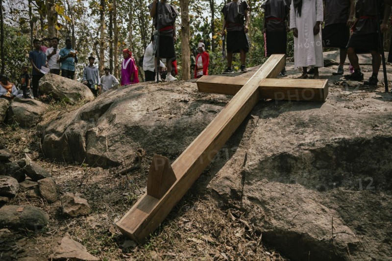 Christian devotees takes part in a perform to re-enactment of the crucifixion of Jesus Christ during a procession on Good Friday, on March 29, 2024 in Guwahati, Assam, India. Good Friday is a Christian holiday commemorating the crucifixion of Jesus Christ and his death at Calvary