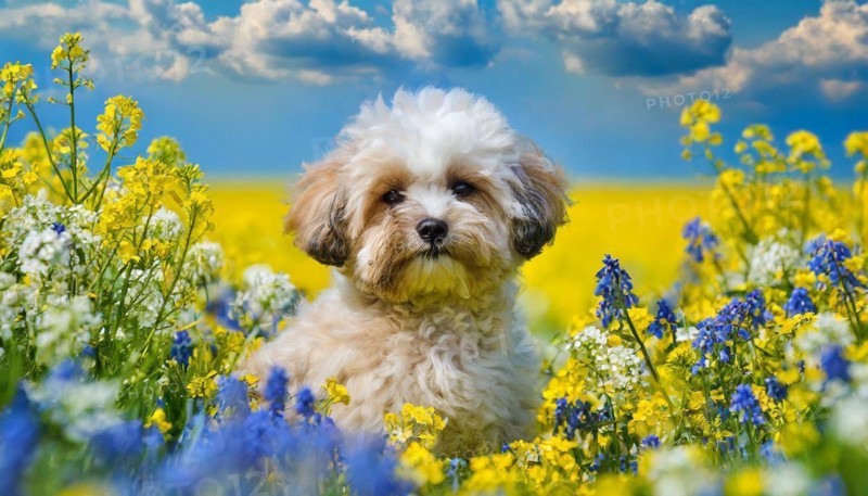 KI generated, animal, animals, mammal, mammals, Maltipoo (Canis lupus familiaris), dog, dogs, bitch, cross between poodle and Maltese, dwarf poodle, small poodle, flower meadow, puppy, cream, white