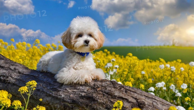 KI generated, animal, animals, mammal, mammals, Maltipoo (Canis lupus familiaris), dog, dogs, bitch, cross between poodle and Maltese, dwarf poodle, small poodle, flower meadow, tree trunk, small puppy lying on tree trunk in front of rape field