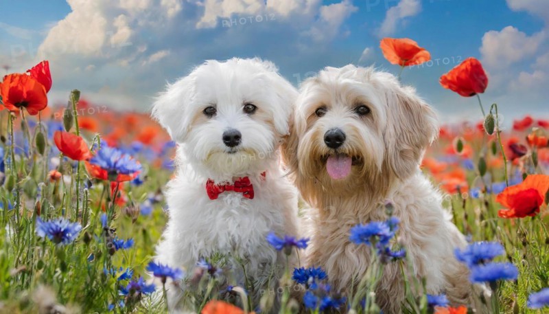 KI generated, animal, animals, mammal, mammals, Maltipoo (Canis lupus familiaris), dog, dogs, bitch, cross between poodle and Maltese, dwarf poodle, small poodle, flower meadow, two, pair, cream, white