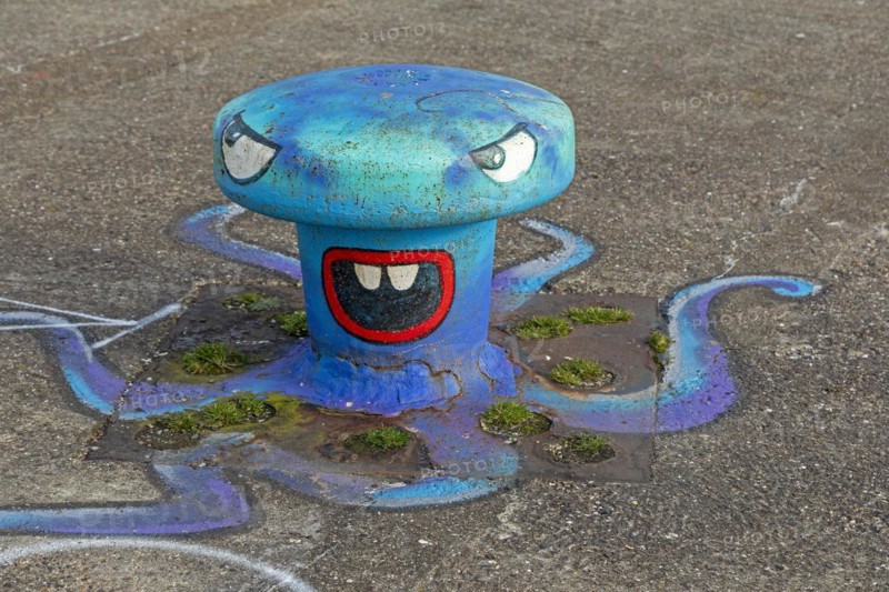 Painted bollard, octopus, harbour, Dunkirk, France, Europe