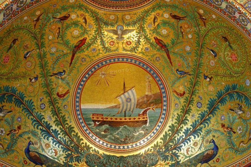 Church of Notre-Dame de la Garde, Marseille, A detailed mosaic with a ship on the sea surrounded by floral patterns, Marseille, Departement Bouches du Rhone, Region Provence Alpes Cote d'Azur, France, Europe