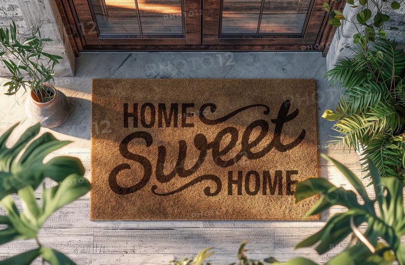 Home sweet home welcome mat at front door of house. generative AI, AI generated