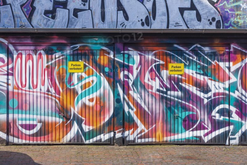 Graffiti, colourfully painted garage door, Bremen, Germany, Europe