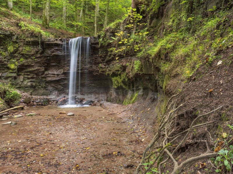 Small waterfall at Hoerschbach, Hoerschbach Valley, Swabian-Franconian Forest nature park Park, Murrhardt, Baden-Wuerttemberg, Germany, Europe