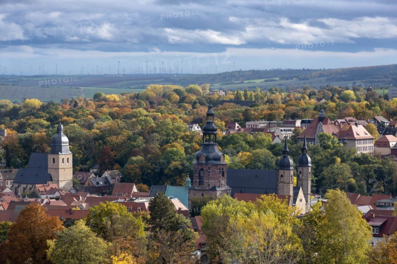 View of Eisleben in autumn, town view, Luther's baptistery on the left, St Andrew's Church on the right, Luther city Eisleben, Saxony-Anhalt, Germany, Europe