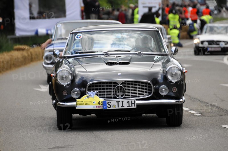 A classic blue Lancia drives on the road in a classic car race, SOLITUDE REVIVAL 2011, Stuttgart, Baden-Wuerttemberg, Germany, Europe