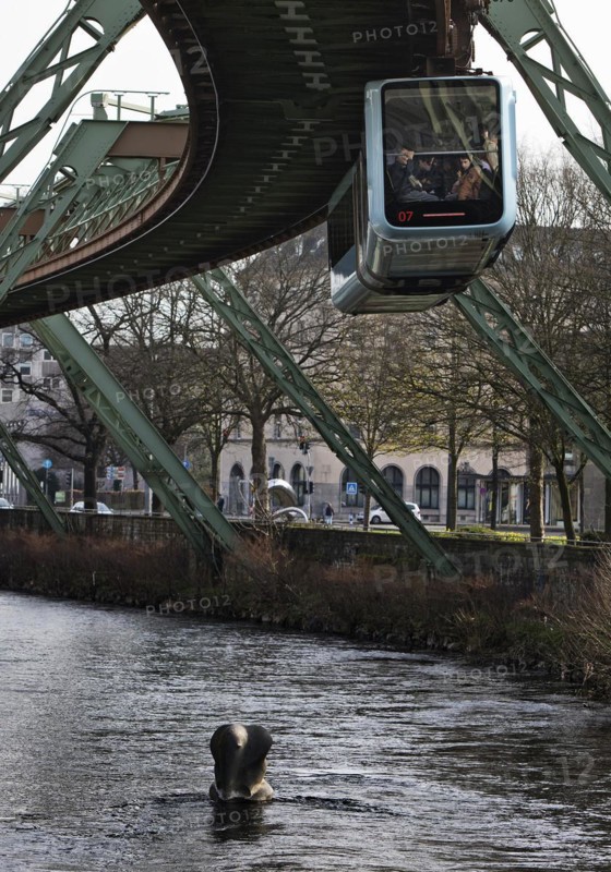 Suspension railway and sculpture by Bernd Bergkemper in the river Wupper commemorating the jump of the elephant Tuffi, Wuppertal, Germany, Europe
