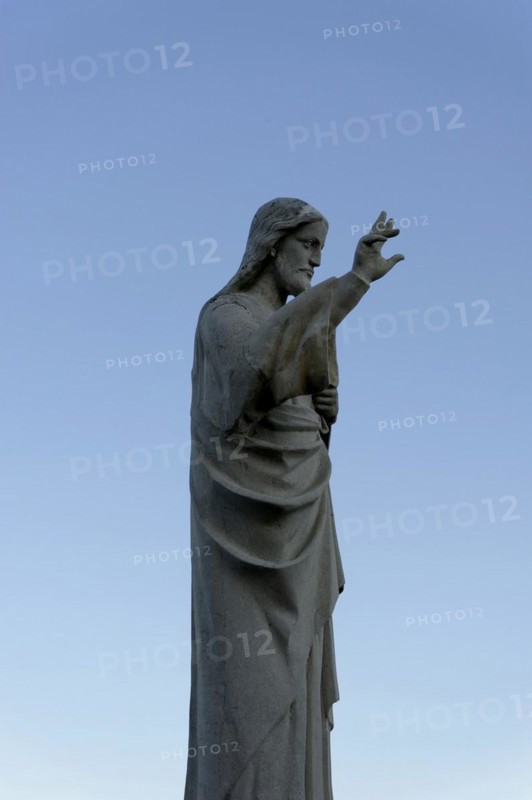 Church of Notre-Dame de la Garde, Marseille, Statue of a religious character against a clear sky, Marseille, Departement Bouches du Rhone, Region Provence Alpes Cote d'Azur, France, Europe