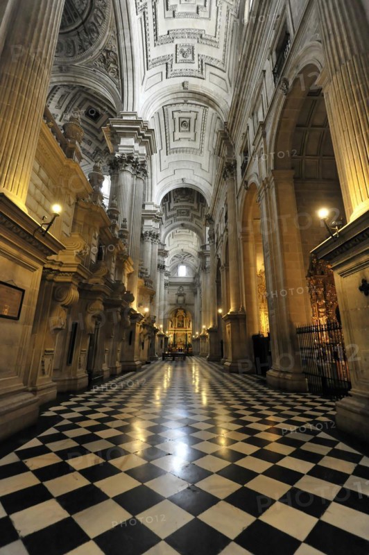 Jaen, Catedral de Jaen, Cathedral of Jaen from the 13th century, Renaissance art epoch, Jaen, Long aisle with columns and black and white floor pattern, Jaen, Andalusia, Spain, Europe