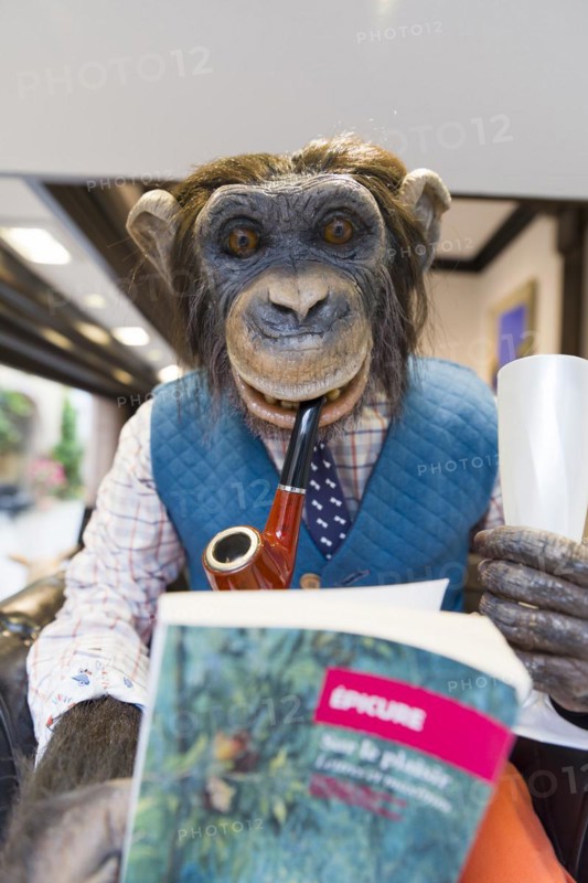 Chimpanzee puppet with pipe and champagne glass