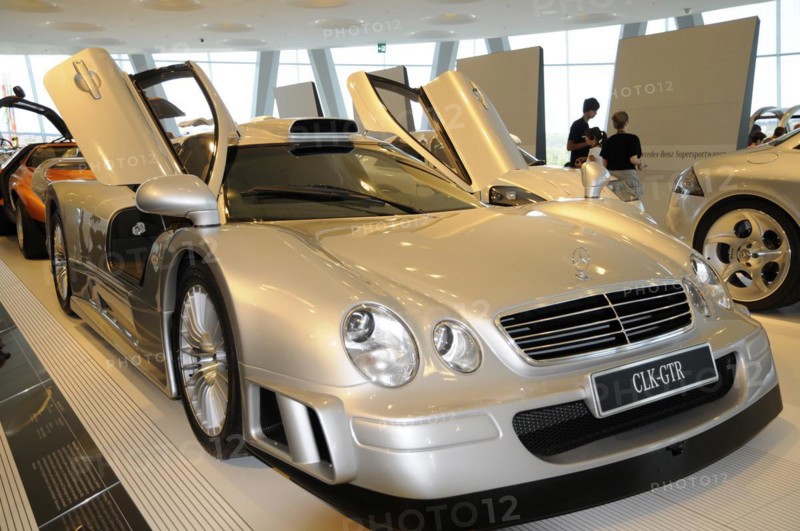 Museum, Mercedes-Benz Museum, Stuttgart, A silver Mercedes-Benz CLK GTR with open gullwing doors in an exhibition, Mercedes-Benz Museum, Stuttgart, Baden-Wuerttemberg, Germany, Europe