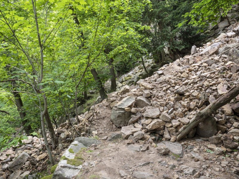 Landslide, mudflow, landslide, rockfall, buried hiking trail in the Bode Valley between Thale and Treseburg, Harz National Park, Thale, Saxony-Anhalt, Germany, Europe