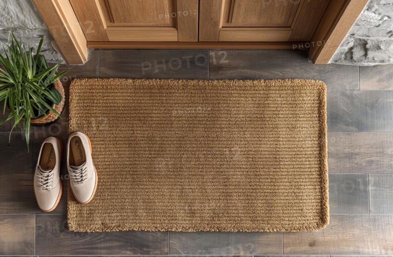 Blank welcome mat and pair of shoes at front door of house. generative AI, AI generated