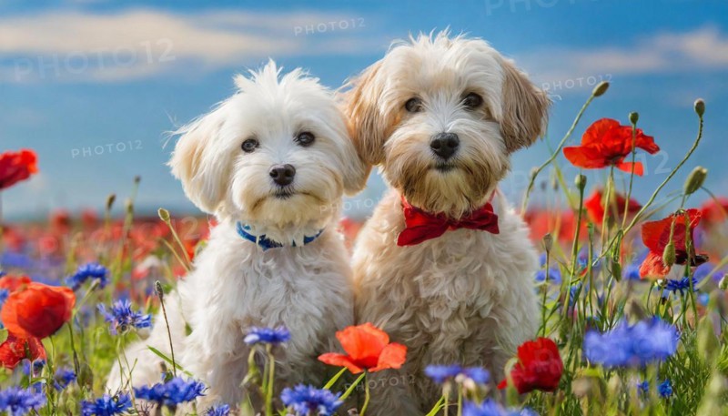 KI generated, animal, animals, mammal, mammals, Maltipoo (Canis lupus familiaris), dog, dogs, bitch, cross between poodle and Maltese, miniature poodle, small poodle, flower meadow, two, pair