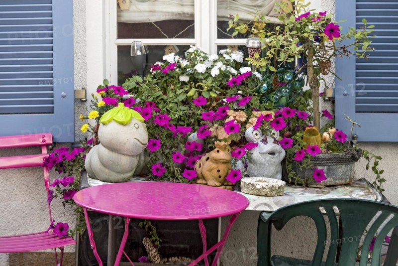 Decoration in front of a window, magenta petunias (petunia hybrids), pink garden table, ceramic figurines, old town, Ortenberg, Vogelsberg, Wetterau, Hesse, Germany, Europe