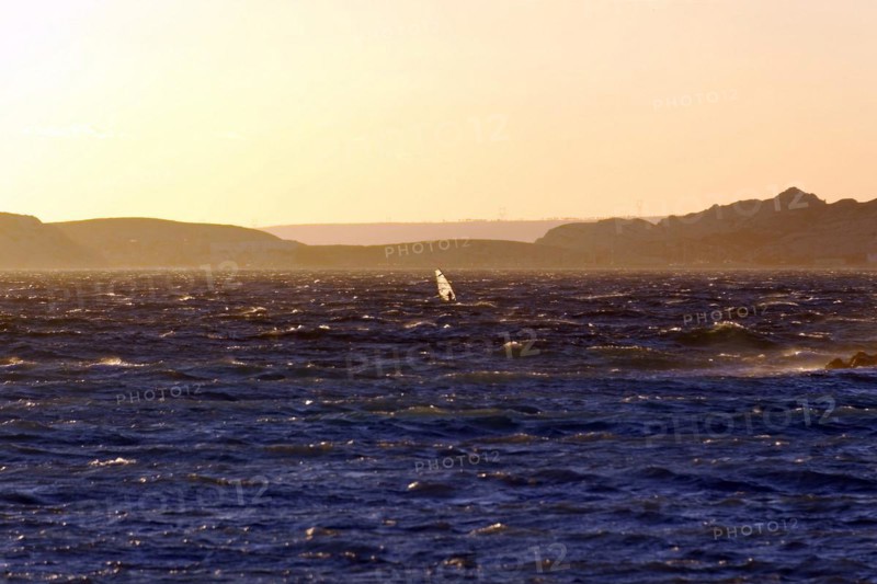 Marseille in the evening, A windsurfer glides over the ocean waves at sunset, Marseille, Departement Bouches-du-Rhone, Region Provence-Alpes-Cote d'Azur, France, Europe