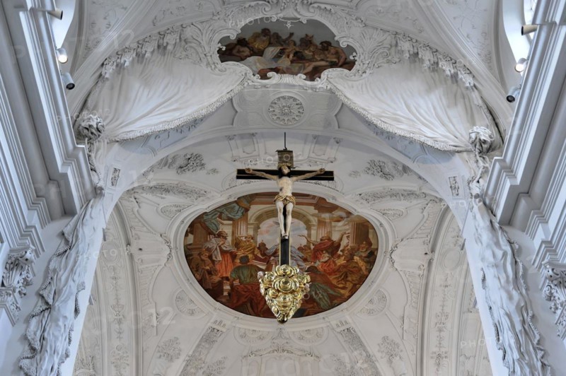 In the Neumuenster collegiate monastery, Wuerzburg, depiction of the crucifixion of Christ under a baroque vault with ornamental stucco work, Wuerzburg, Lower Franconia, Bavaria, Germany, Europe