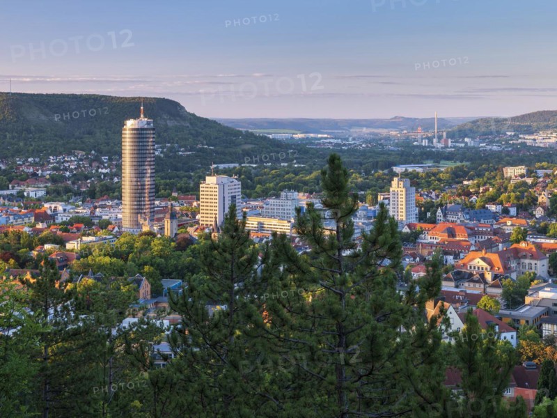 City view with JenTower and Friedrich Schiller University, view from Mount Landgrafen, Jena, Saale Valley, Thuringia, Germany, Europe