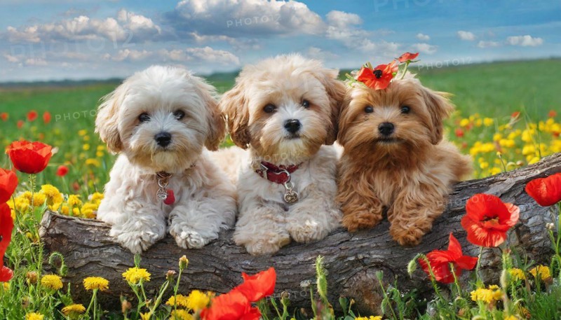 KI generated, animal, animals, mammal, mammals, Maltipoo (Canis lupus familiaris), dog, dogs, bitch, cross between poodle and Maltese, dwarf poodle, small poodle, flower meadow, tree trunk, one bitch and two puppies