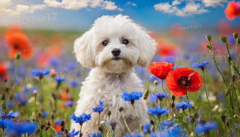 KI generated, animal, animals, mammal, mammals, Maltipoo (Canis lupus familiaris), dog, dogs, bitch, cross between poodle and Maltese, dwarf poodle, small poodle, flower meadow, puppy, cream, white