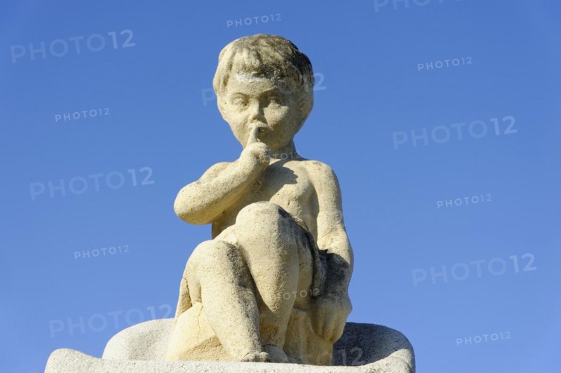 Church of Notre-Dame de la Garde, Marseille, statue of a pensive child in front of a clear blue sky, Marseille, Departement Bouches-du-Rhone, Region Provence-Alpes-Cote d'Azur, France, Europe