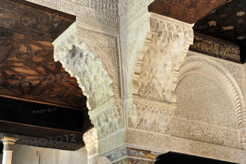 Artistic stone carvings, Alhambra, Granada, Elaborate carvings on a ceiling showing traditional craftsmanship, Granada, Andalusia, Spain, Europe