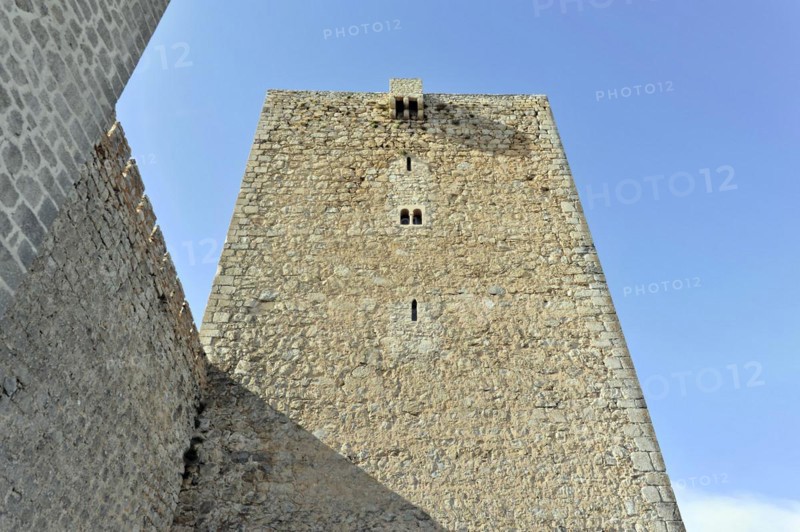 Jaen, Castillo de Santa Catalina on Jaen, View of an old stone defence defence tower in front of a clear sky, Jaen, Baeza, Ubeda, Andalusia, Spain, Europe