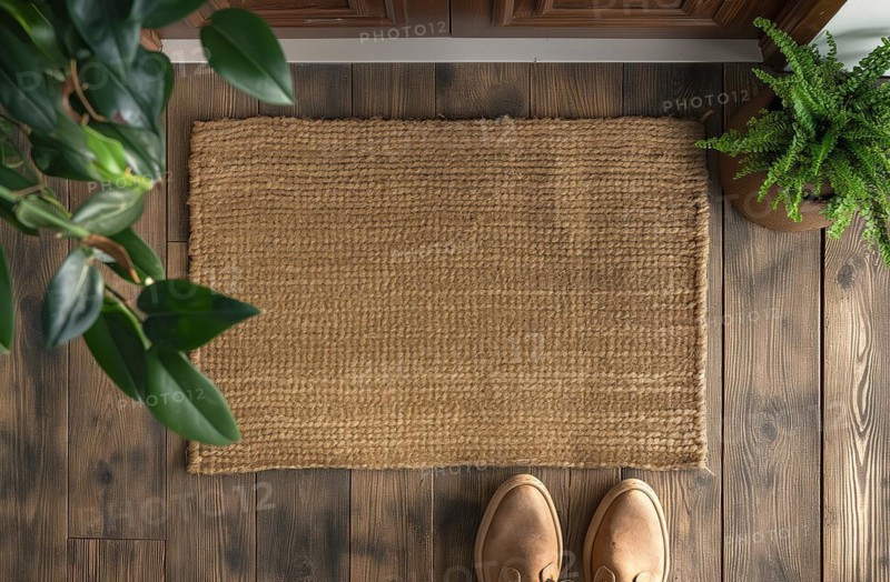 Blank welcome mat and pair of shoes at front door of house. generative AI, AI generated