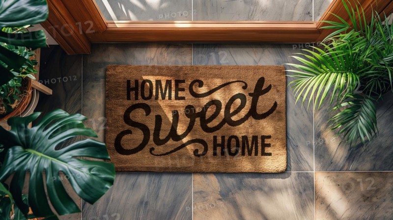 Home sweet home welcome mat at front door of house. generative AI, AI generated