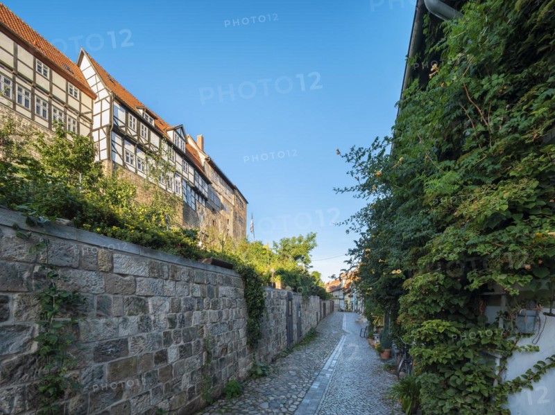 Narrow alley with half-timbered houses and cobblestones on the Schlossberg in the historic old town, UNESCO World Heritage Site, Quedlinburg, Saxony-Anhalt, Germany, Europe