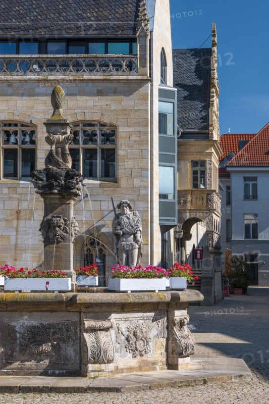 The wooden market fountain at the town hall with the Roland statue, Halberstadt, Saxony-Anhalt, Germany, Europe