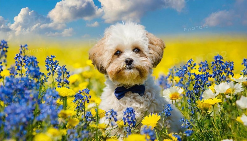 KI generated, animal, animals, mammal, mammals, Maltipoo (Canis lupus familiaris), dog, dogs, bitch, cross between poodle and Maltese, dwarf poodle, small poodle, flower meadow, puppy, cream, white