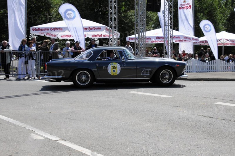 A dark blue Lancia vintage coupe on a race track in front of an audience, SOLITUDE REVIVAL 2011, Stuttgart, Baden-Wuerttemberg, Germany, Europe