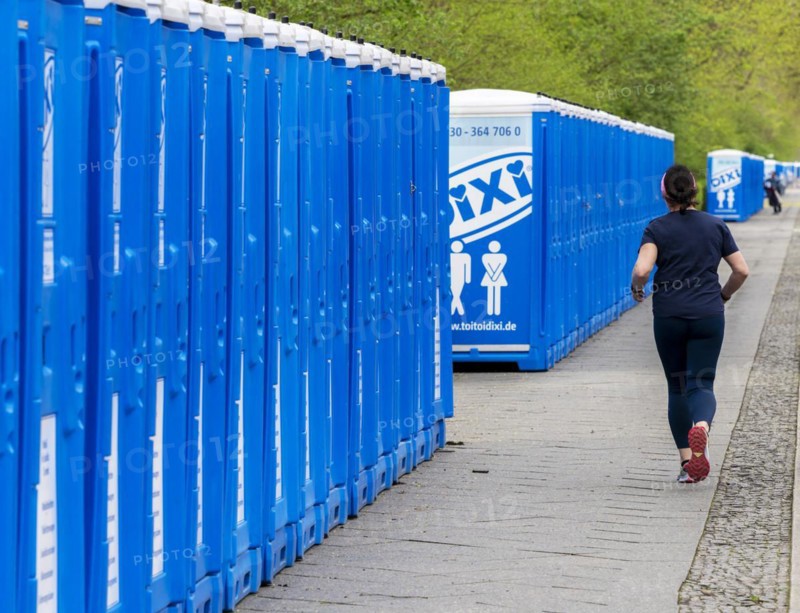 Dixi toilet block on the route of a running event, Strasse des 17. Juni, Berlin, Germany, Europe