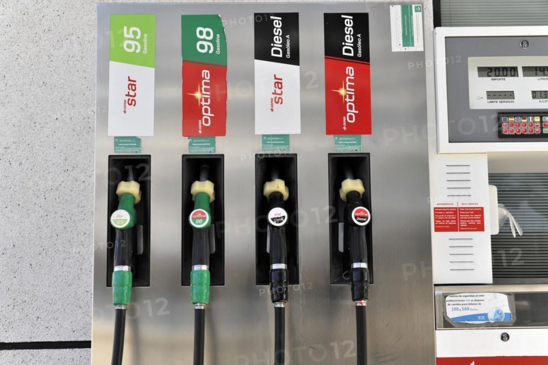 Gueejar-Sierra, Sierra Nevada National Park, fuel pumps at a petrol station with labels and prices for various fuels, Costa del Sol, Andalusia, Spain, Europe