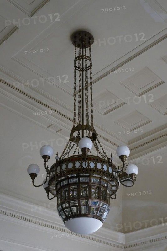 Interior view, chandelier, staircase, Janacek Academy of Music and Performing Arts, Brno, Jihomoravsky kraj, Czech Republic, Europe