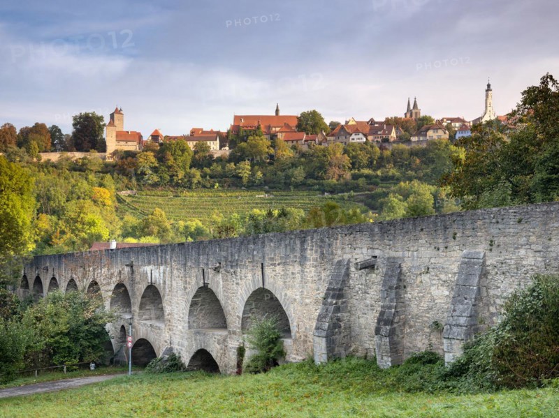 View from the medieval double bridge in the Tauber Valley, Tauberbruecke, of the historic old town, Rothenburg ob der Tauber, Middle Franconia, Bavaria, Germany, Europe