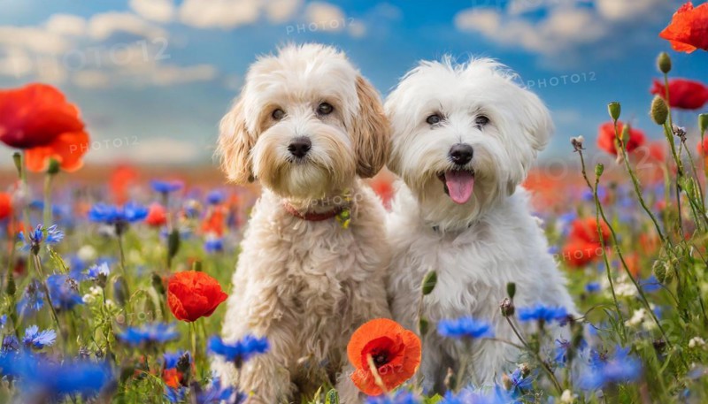 KI generated, animal, animals, mammal, mammals, Maltipoo (Canis lupus familiaris), dog, dogs, bitch, cross between poodle and Maltese, dwarf poodle, small poodle, flower meadow, two, pair, cream, white, cornflowers, poppies