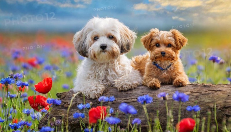 KI generated, animal, animals, mammal, mammals, Maltipoo (Canis lupus familiaris), dog, dogs, bitch, cross between poodle and Maltese, dwarf poodle, small poodle, flower meadow, two, bitch with puppy