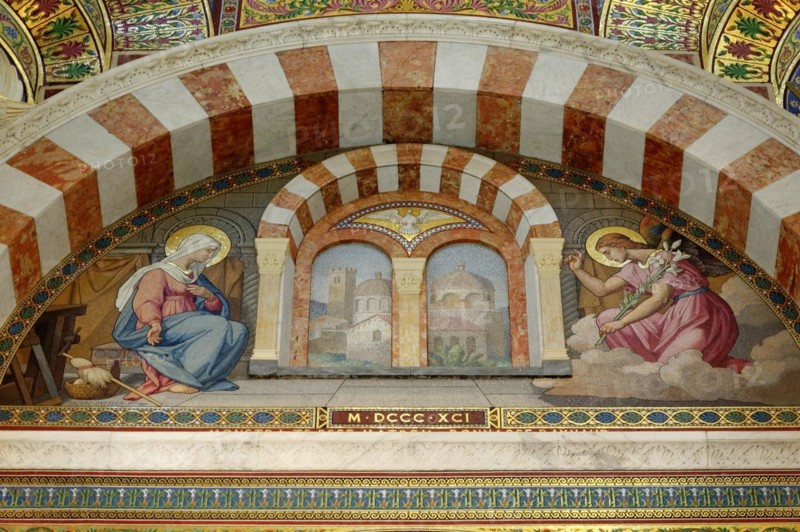 Church of Notre-Dame de la Garde, Marseille, Historical fresco with Mary and Joseph under an ornate arch, Marseille, Departement Bouches du Rhone, Region Provence Alpes Cote d'Azur, France, Europe
