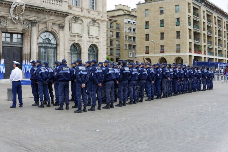 Marseille town hall, policemen in blue uniforms, lined up in a public square, Marseille, Departement Bouches-du-Rhone, Provence-Alpes-Cote d'Azur region, France, Europe