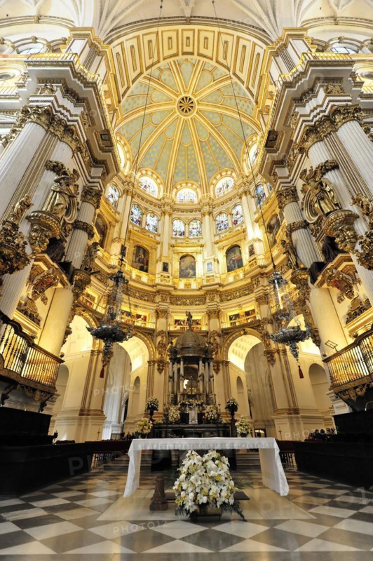 Santa Maria de la Encarnacion, Cathedral of Granada, Spacious nave with baroque altar, columns and dome, Granada, Andalusia, Spain, Europe