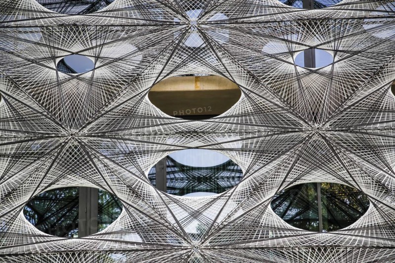 Reutlingen University, Reutlingen University, Texoversum, German University Building Award 2024 for TEXOVERSUM, modern architecture, facade made of carbon and glass fibres, mesh, innovative, identity-creating, unique facade, campus, place of learning, special, extraordinary new building for textile courses, light, airy, airy, holes, detail, architectural eye-catcher, Reutlingen, Baden-Wuerttemberg, Germany, Europe