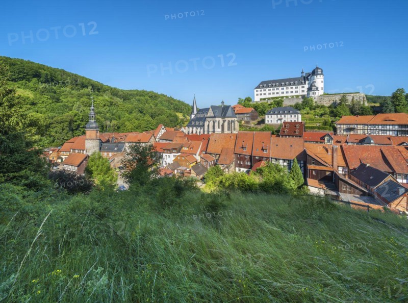 View of Stolberg with castle, Saigerturm, St. Martini church and half-timbered houses in the old town, Stolberg im Harz, Saxony-Anhalt, Germany, Europe