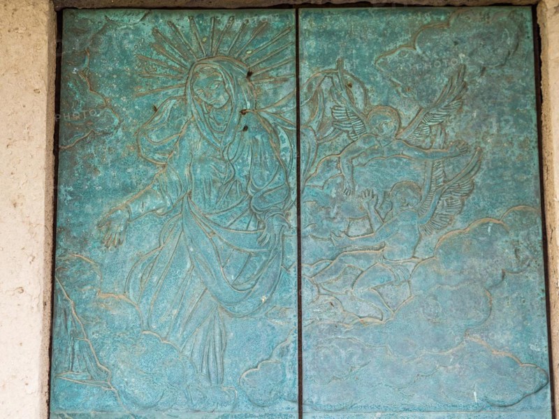 Church door with religious motifs, abbey church Santissima Trinita di Saccargia of the destroyed Camaldolese monastery, near Codrongianos, province of Sassari, Sardinia, Italy, Europe