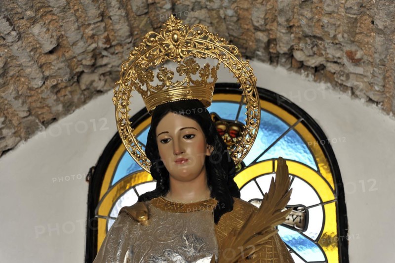 Castillo de Santa Catalina in Jaen, A statue of a crowned saint with a palm branch in a church, Granada, Andalusia, Spain, Europe