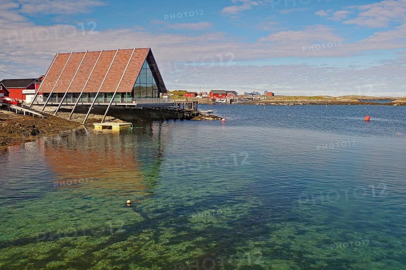 Triangular building on the waterfront, museum, Lovund, Lovunden, Helgeland coast, Norway, Europe