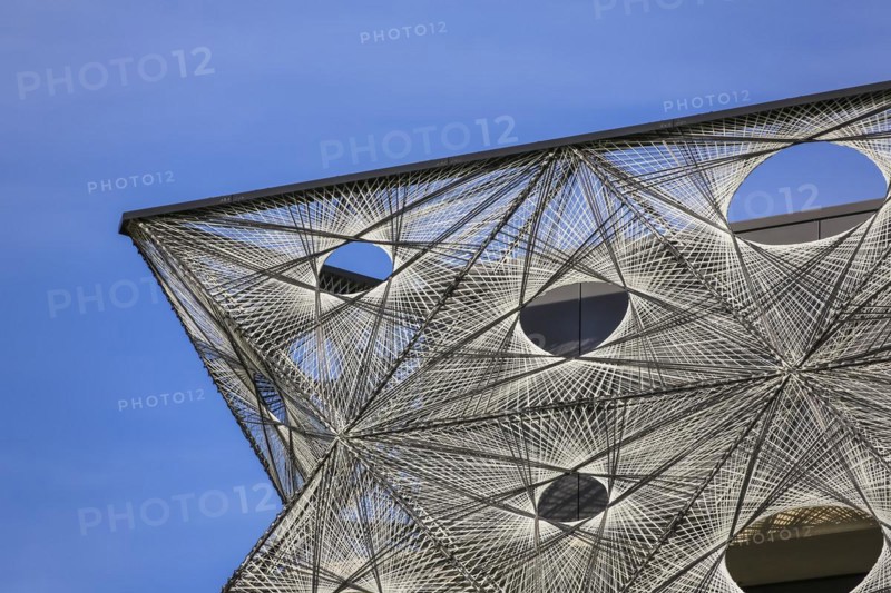 Reutlingen University, Reutlingen University, Texoversum, German University Building Award 2024 for TEXOVERSUM, modern architecture, facade made of carbon and glass fibres, mesh, innovative, identity-creating, unique facade, campus, place of learning, special, extraordinary new building for textile courses, light, airy, airy, holes, detail, architectural eye-catcher, Reutlingen, Baden-Wuerttemberg, Germany, Europe